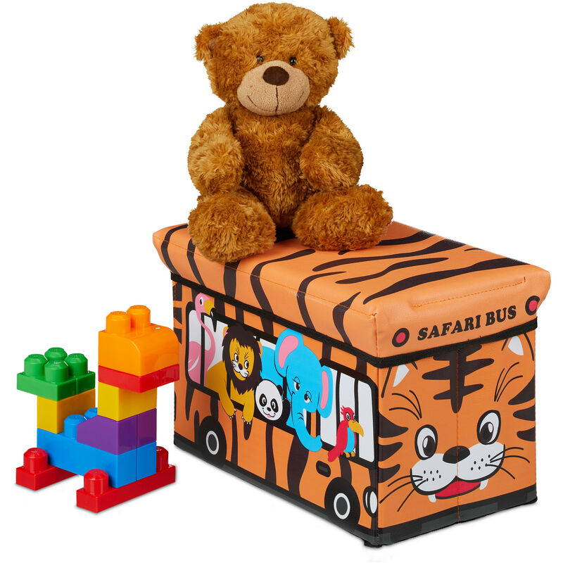 Caisse à jouets pliant, Motif, boîte de rangement avec espace & couvercle, rembourré, 27x40x25 cm, orange