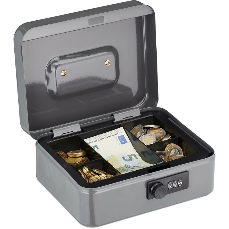 Relaxdays - Caisse à monnaie, pratique, combinaison à 3 chiffres, en fer, h x l x p : 8,5 x 20 x 17 cm, grise