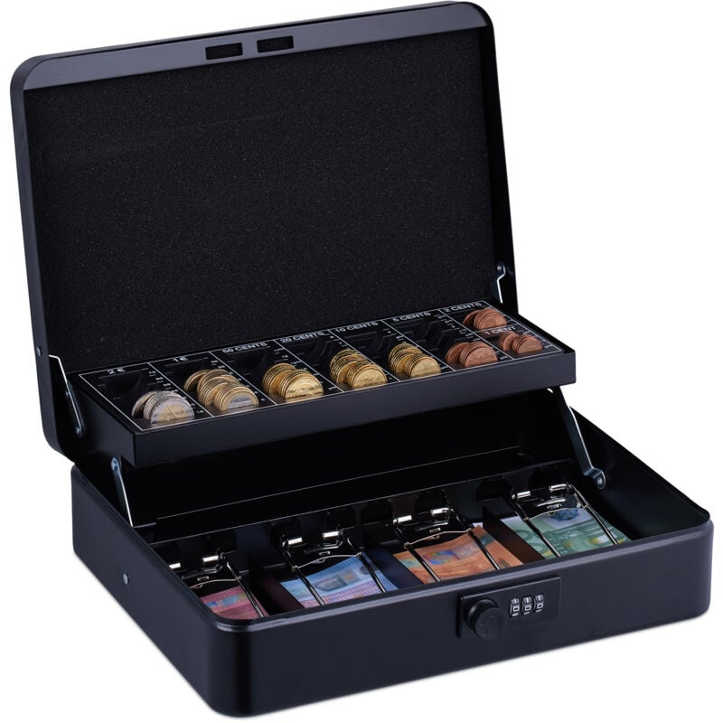 Relaxdays - Caisse à monnaie, pratique, combinaison à 3 chiffres, en fer, h x l x p : 8,5 x 30,5 x 25 cm, noire