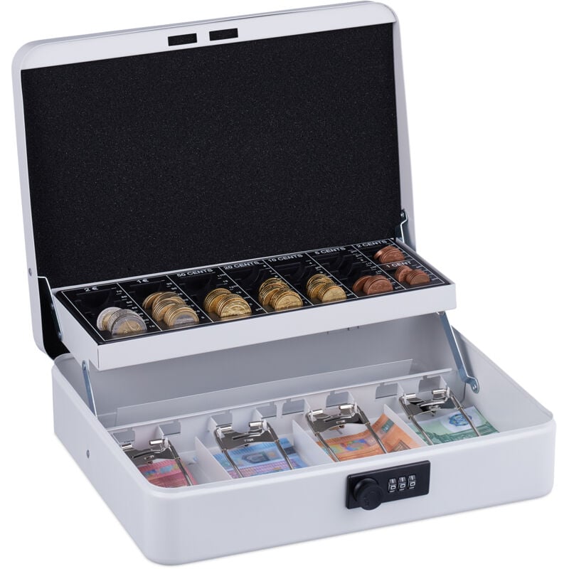 Relaxdays - Caisse à monnaie, pratique, combinaison à 3 chiffres, en fer, h x l x p : 8,5 x 30,5 x 25 cm, blanche