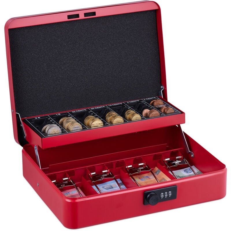 Relaxdays - Caisse à monnaie, pratique, combinaison à 3 chiffres, en fer, h x l x p : 8,5 x 30,5 x 25 cm, rouge