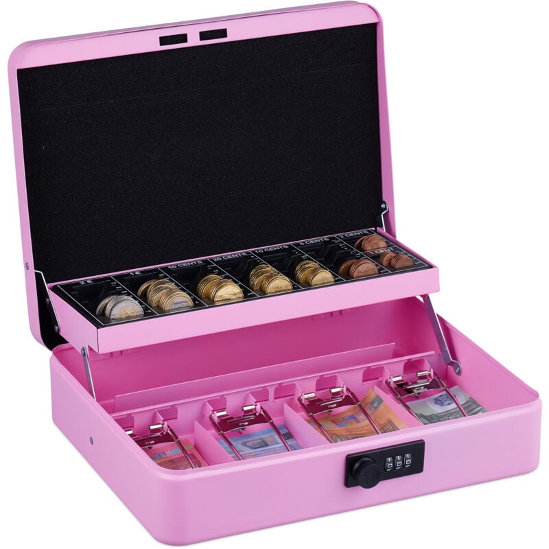 Relaxdays - Caisse à monnaie, pratique, combinaison à 3 chiffres, en fer, h x l x p : 8,5 x 30,5 x 25 cm, rose