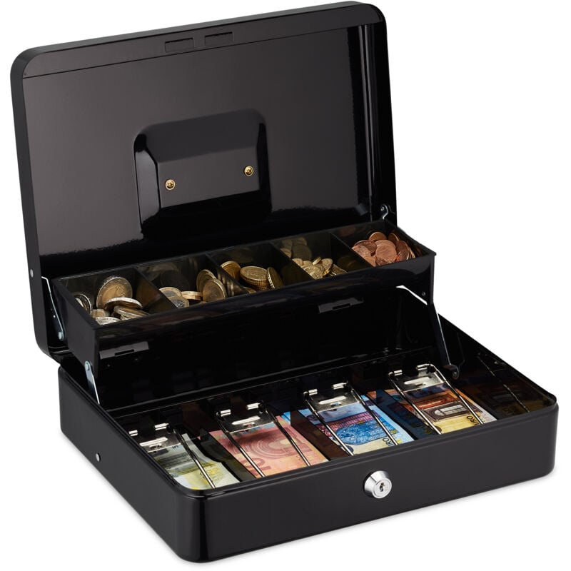 Relaxdays - Caisse à monnaie, compartiments pour billets et pièces, fer, h x l x p : 8,5 x 30,5 x 24,5 cm, noire
