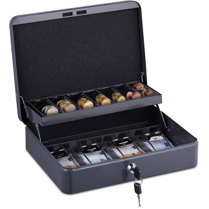 Relaxdays - Caisse à monnaie, fer, verrouillable, pour vos pièces et billets, h x l x p : 8,5 x 30,5 x 24,5 cm, grise