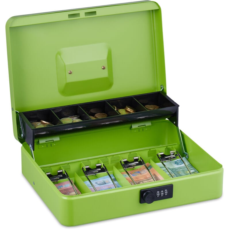Relaxdays - Caisse à monnaie, pratique, combinaison à 3 chiffres, pour billets et pièces, verrouillable, verte
