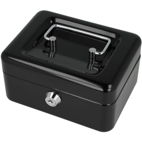 Caisse à monnaie verrouillable (compacte, 15 cm) Noir  Boîte verrouillable en tôle d'acier avec 2 clés  Plateau amovible pour pièces de monnaie avec 6 compartiments  BLACK