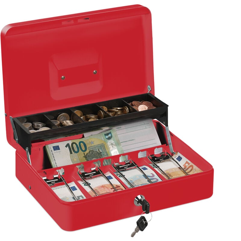 Relaxdays - Caisse à monnaie, verrouillable, compartiments pour pièces et billets, fer, hlp 8,5 x 30,5 x 24,5 cm, rouge
