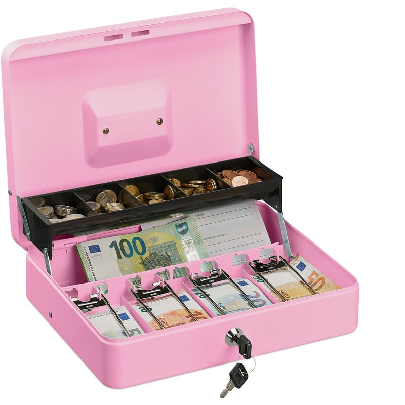 Caisse à monnaie, verrouillable, compartiments pour pièces et billets, fer, hlp 8,5 x 30,5 x 24,5 cm, rose - Relaxdays