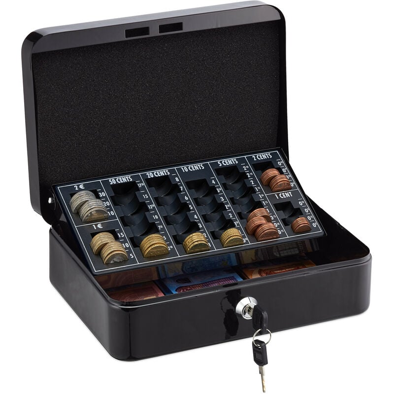 Relaxdays - Caisse à monnaie, verrouillable, fer, monnayeur, pour pièces et billets, h x l x p : 9 x 25 x 18 cm, noire