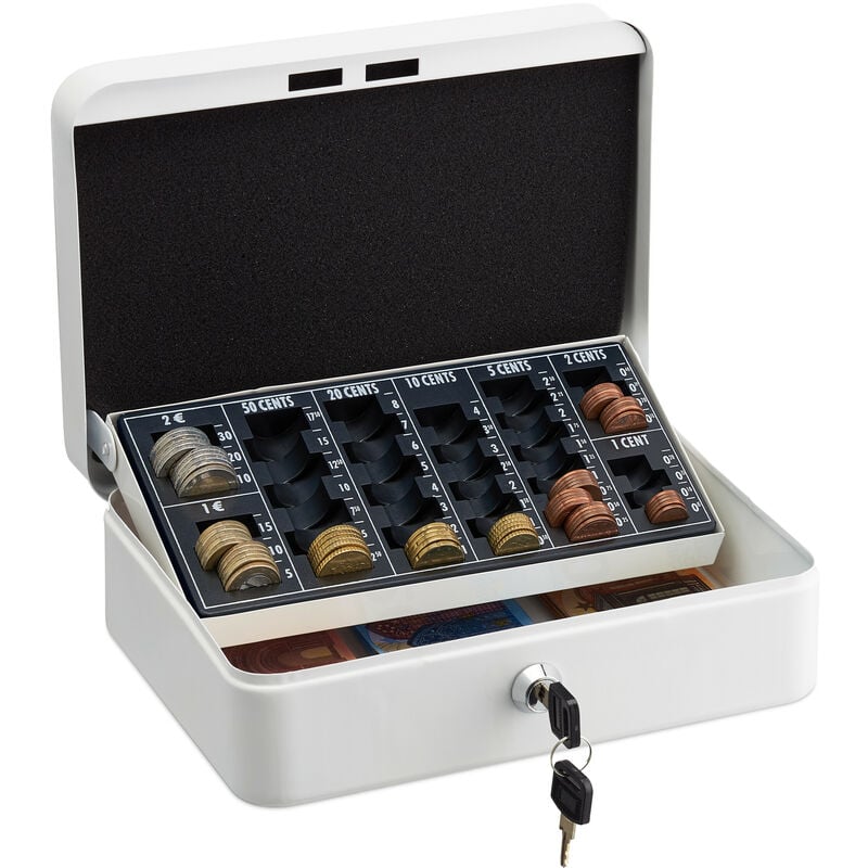 Caisse à monnaie, verrouillable, fer, monnayeur, pour pièces et billets, h x l x p : 9 x 25 x 18 cm, blanche - Relaxdays