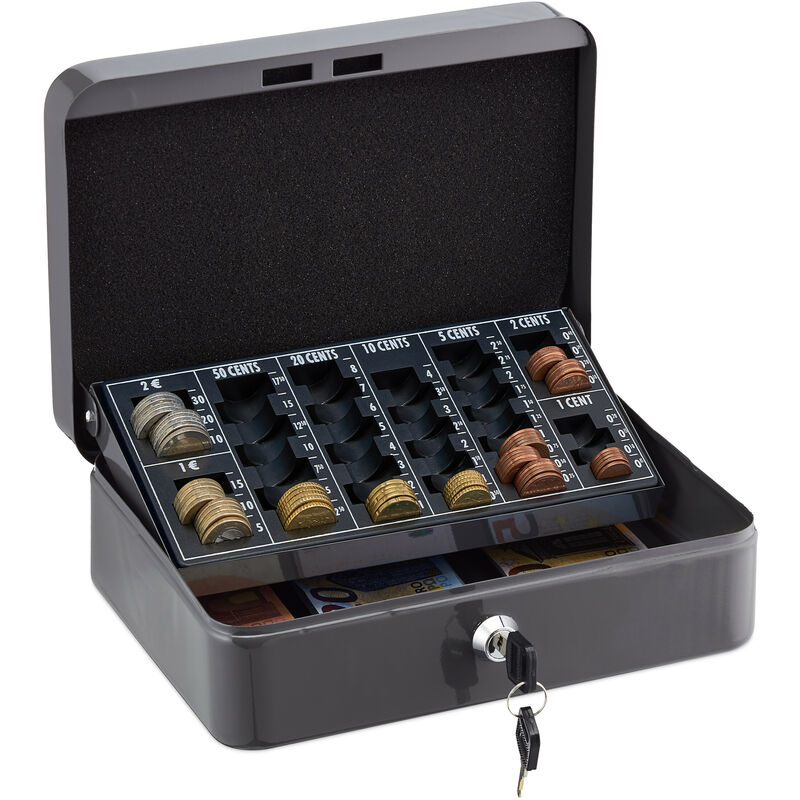 Relaxdays - Caisse à monnaie, verrouillable, fer, monnayeur, pour pièces et billets, h x l x p : 9 x 25 x 18 cm, grise