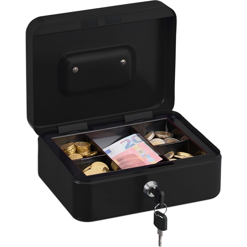 Relaxdays - Caisse à monnaie, verrouillable, compartiment amovible divisé en 5, fer, h x l x p : 8,5 x 20 x 17 cm, noire