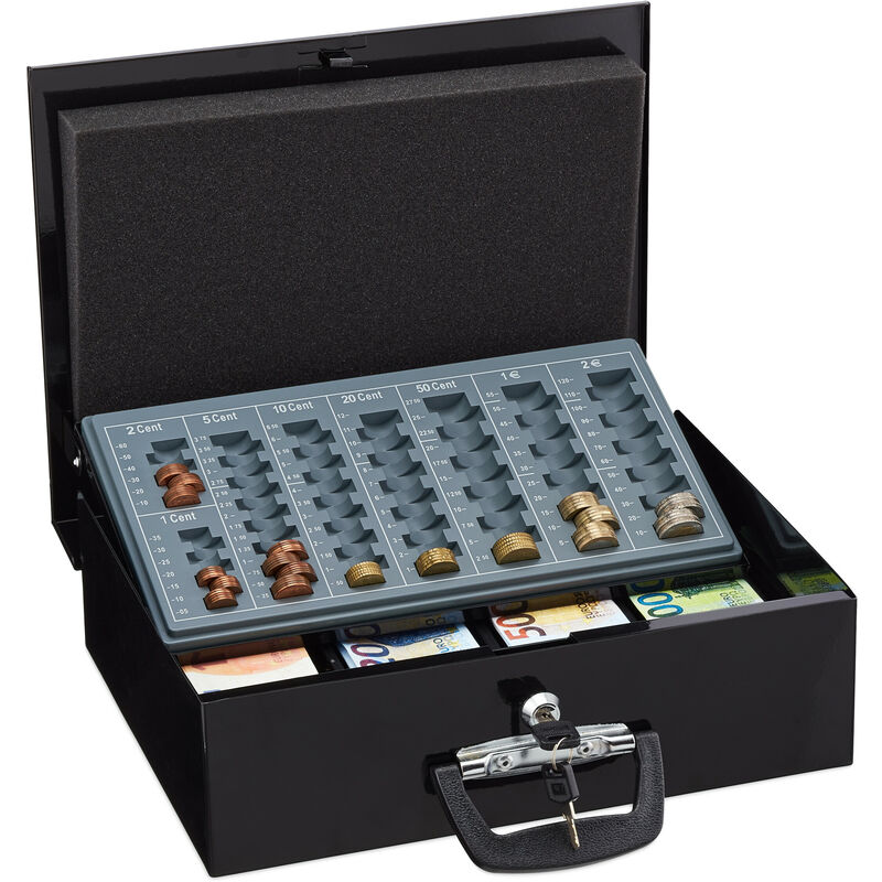 Caisse à monnaie, verrouillable, monnayeur, 4 compartiments pour billets, fer, hlp : 11,5x36x28,5 cm, noire - Relaxdays