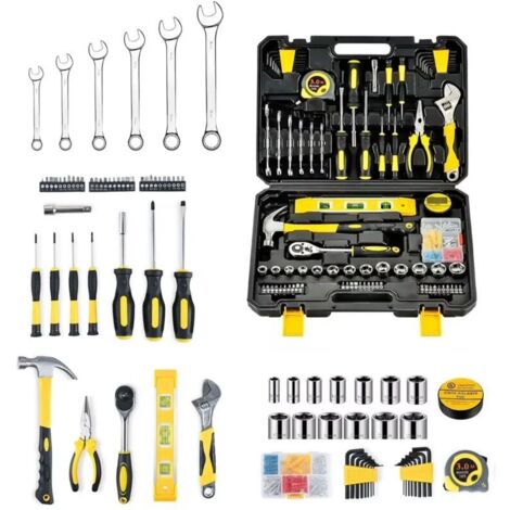 Caisse à Outil complete 108 Pièces - Boite à Outils ménagers, Malette outils avec jeu de Tournevis, Marteau, Pinces et Clé à Douille à Cliquet, pour Bricolage à la maison, Voiture, Garage