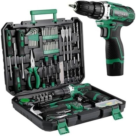 Caisse a Outil Perceuse à Percussion Sans fil 12V, Boîte Outils 138 Pièces Malette complete avec Perceusepour Réparation, Entretien et Travail pour Jardin, Bureau, Domicile Vert -