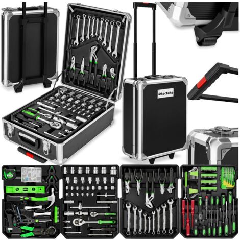 Tectake – Caisse à outils aluminium 1200 pièces – 4 compartiments – Poignée télescopique et roulettes – Outils en chrome vanadium pour résistance accrue
