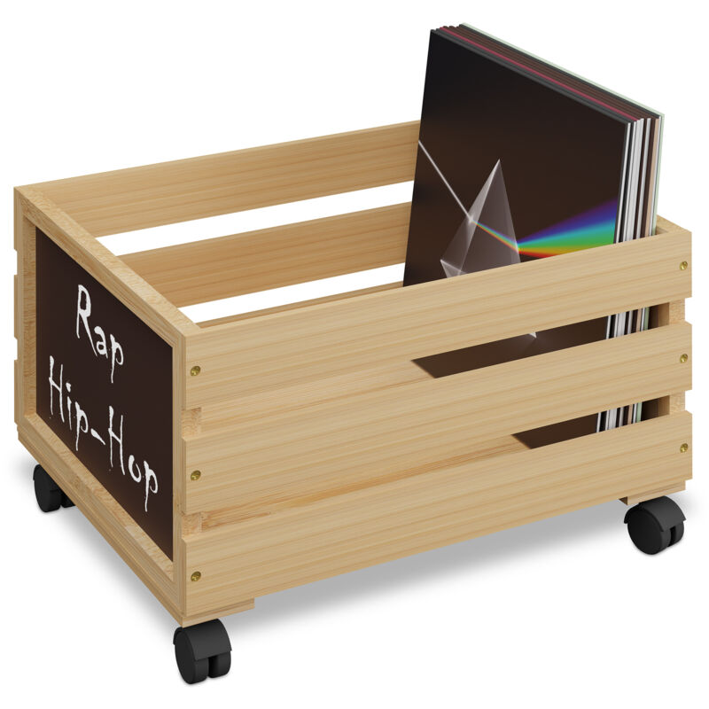 Caisse à vinyles en bambou, avec roulettes, 50-80 vinyles, h x l x p : 27 x 43 x 34 cm, naturel/noir - Relaxdays