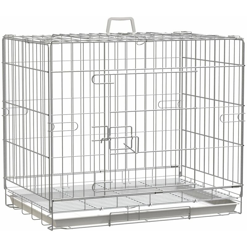 Pawhut - Cage pour chien pliable - plateau excrément coulissant - 2 portes verrouillable, poignée - dim. 61L x 43l x 50H cm - fer galvanisé pp blanc