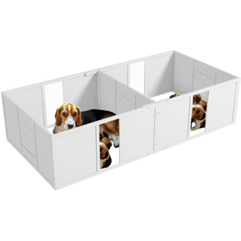 Caisse de mise bas pour chiots, divisible en 2 espaces, fenêtre en acrylique, dimensions 196 x 96 x 48 cm, couleur blanche