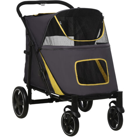 Caisse de transport pliable pour chien et chat avec coussin rembourré, sangles de sécurité intégrées, fenêtres en filet respirant et poches latérales en tissu oxford gris foncé