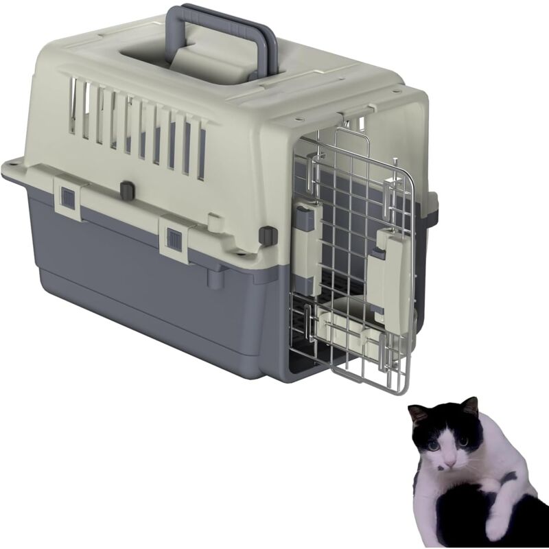 Caisse de transport pour chats, 49.5x33.5x36cm, avec porte en métal et fenêtres de ventilation, supporte jusqu'à 5KG, inclus tapis absorbants,