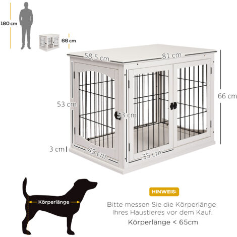 Caisse de transport pour chien 58,5 cm x 81 cm x 66 cm, portes, bois MDF, fer, 58,5 cm x 81 cm x 66 cm, blanche
