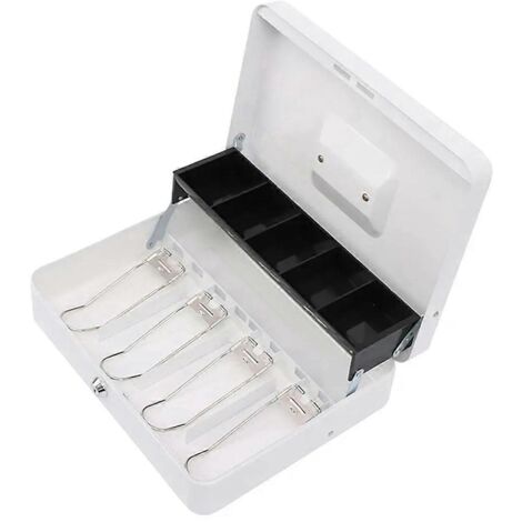 Caisse enregistreuse métallique avec serrure à clé - Boîte de rangement portable pour argent, blanche