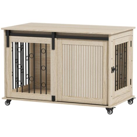 Caisse pour chien sur roulettes, porte coulissante, 100 x 56 x 65 cm, bois et acier