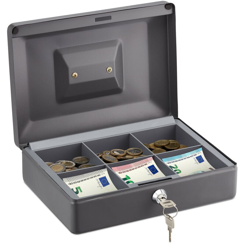 Caisse à monnaie, verrouillable, fer, 2 clés, pour pièces et billets, h x l x p : 9 x 25 x 18 cm, grise - Relaxdays