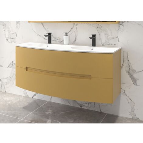 Caisson 2 tiroirs galbé jaune mat 120cm – Corps en panneau de particules MDF 16mm – Tiroirs métalliques avec fermeture ralentie – Anconetti