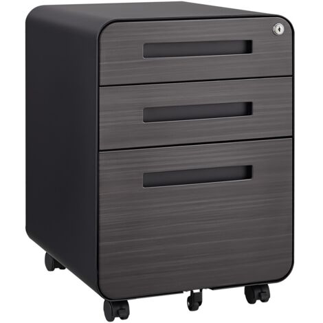 Caisson 3 tiroirs à roulettes-5 roues antibasculante-Acier froid étanche-Pour dossiers A4/Sous bureau-Noir 40x46x58(cm)