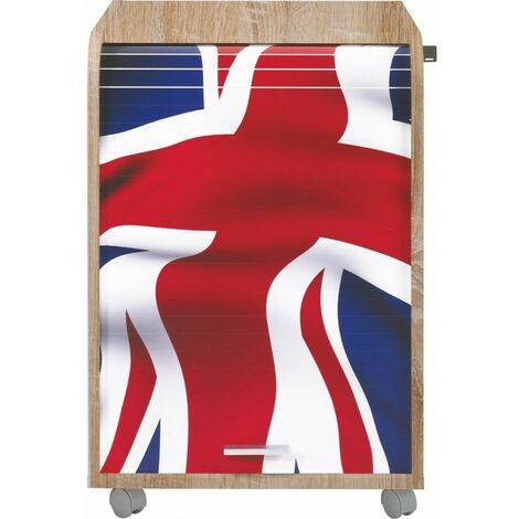 Caisson à rideau sur roulettes 2 tiroirs bois clair imprimé drapeau Anglais Orga