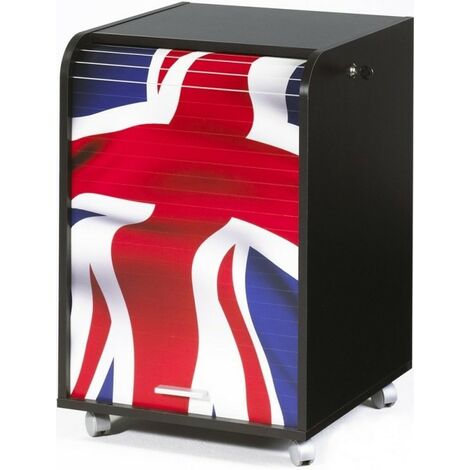 Caisson à rideau sur roulettes 2 tiroirs noir imprimé drapeau Anglais Orga 70cm