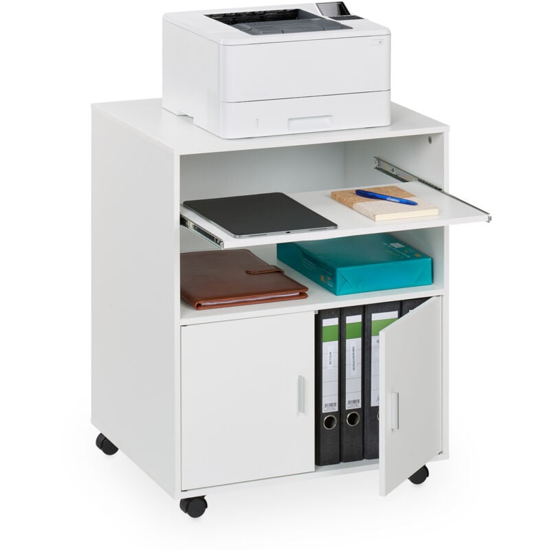 Caisson de bureau, roulettes, 2 compartiments, plateau coulissant, h x l x p : 74 x 60 x 48 cm, blanc - Relaxdays