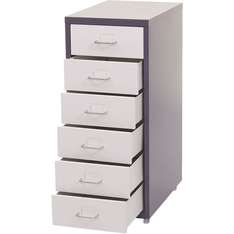 Caisson a roulettes Boston T851, meuble à tiroirs en acier, 69x28x41cm 6 tiroirs gris foncé blanc