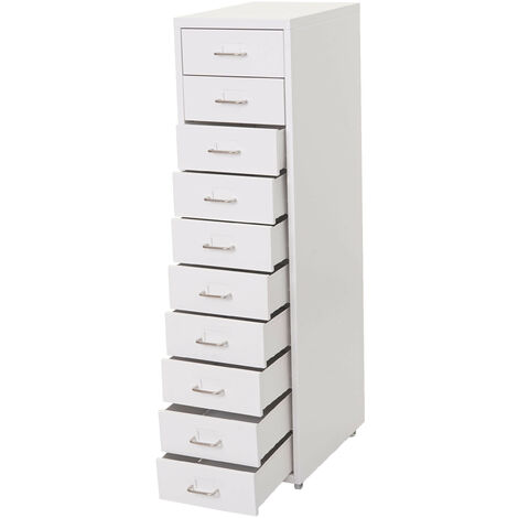 Caisson à roulettes en acier 110x28x41cm – 10 tiroirs avec porte-étiquettes – Charge max 5kg par tiroir – Idéal pour rangement bureau – HW