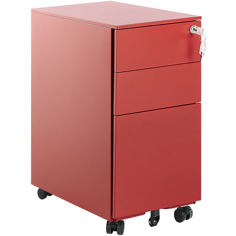 beliani - caisson de bureau en métal rouge avec roulettes pratiques et 3 tiroirs spacieux vérouillable avec clef idéal pour rangement de vos dossiers