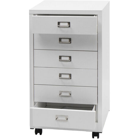 Caisson à roulettes HWC-L49 - armoire à tiroirs en acier Armoire à dossiers - métal 75x40x41cm 6 tiroirs - blanc