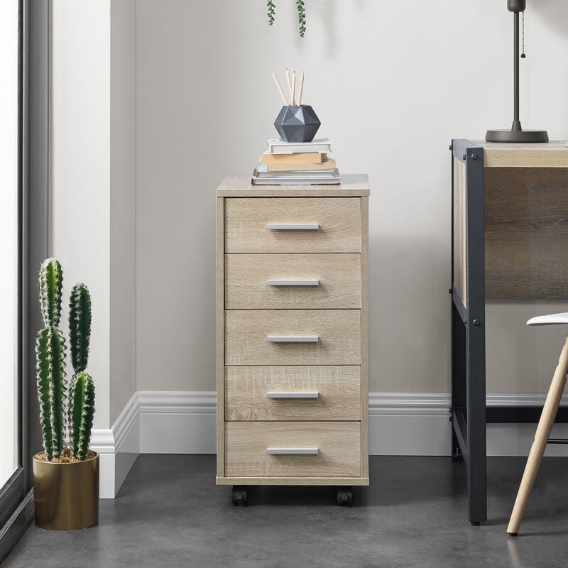 Caisson à Roulettes Mobile avec 5 Tiroirs en mdf 63 x 33 x 38 cm Chêne - [en.casa]
