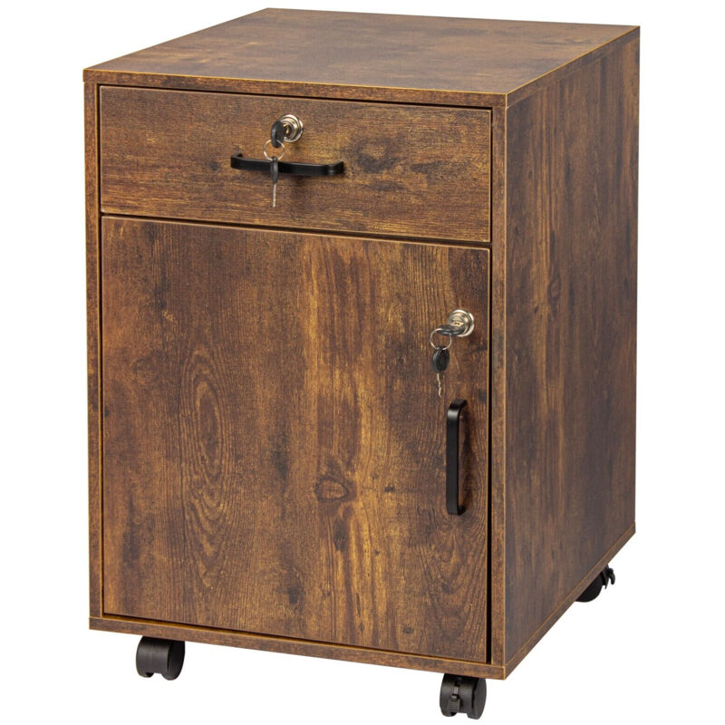 Relaxdays meuble roulettes, tiroir + porte, 57 x 40 x 40 cm, verrouillable, classeur mobile brun vintage