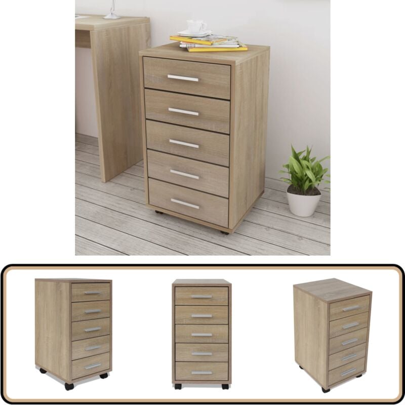 Caisson à tiroir de bureau avec roulettes 5 tiroirs Chêne - Meuble De Bureau - Commode De Bureau - Tiroir De Bureau - Rangement Bureau - Armoire De