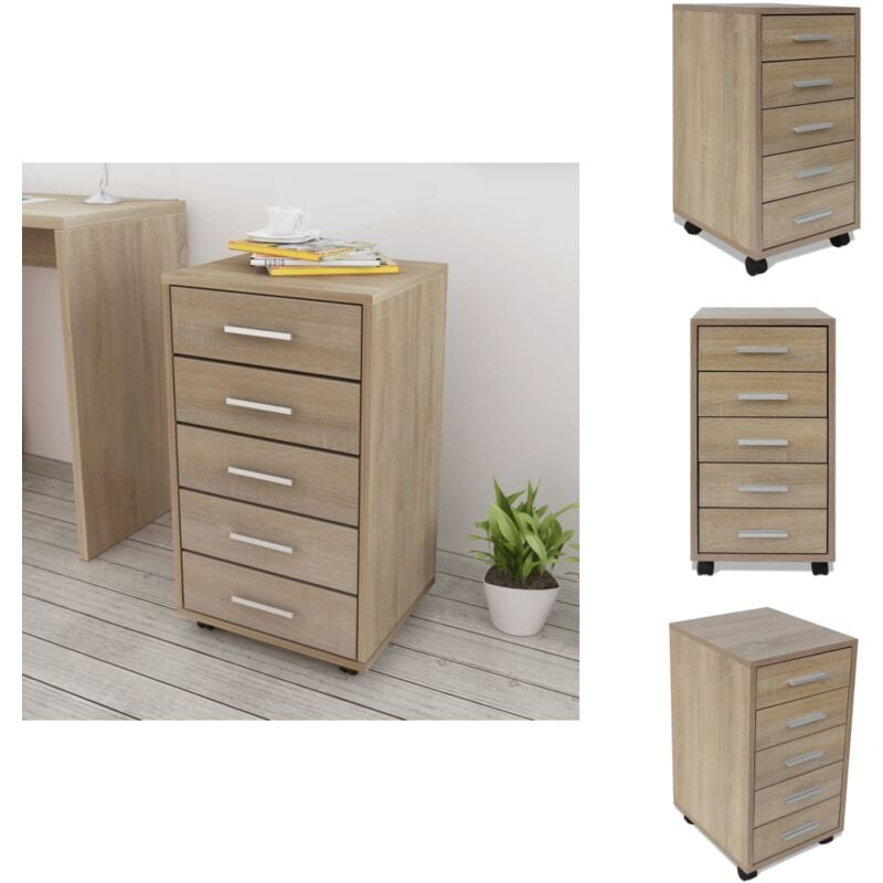 Caisson à tiroir de bureau avec roulettes 5 tiroirs Chêne - Meuble De Bureau - Commode De Bureau - Tiroir De Bureau - Rangement Bureau - Armoire De