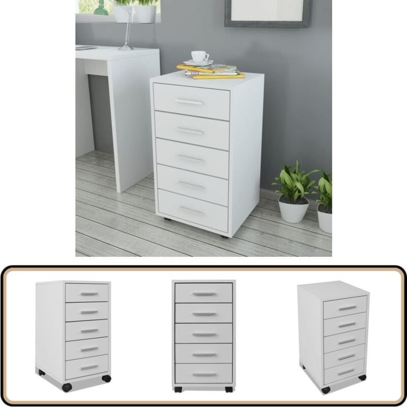 Caisson à tiroir de bureau avec roulettes et 5 tiroirs blanc - Meuble De Bureau - Commode De Bureau - Tiroir De Bureau - Rangement Bureau - Armoire