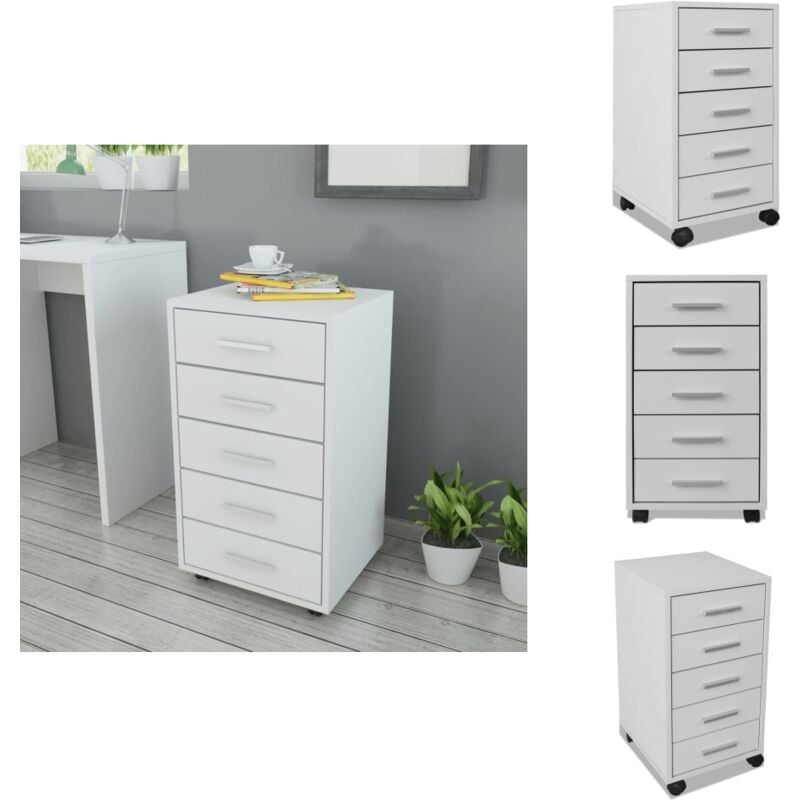 Caisson à tiroir de bureau avec roulettes et 5 tiroirs blanc - Meuble De Bureau - Commode De Bureau - Tiroir De Bureau - Rangement Bureau - Armoire