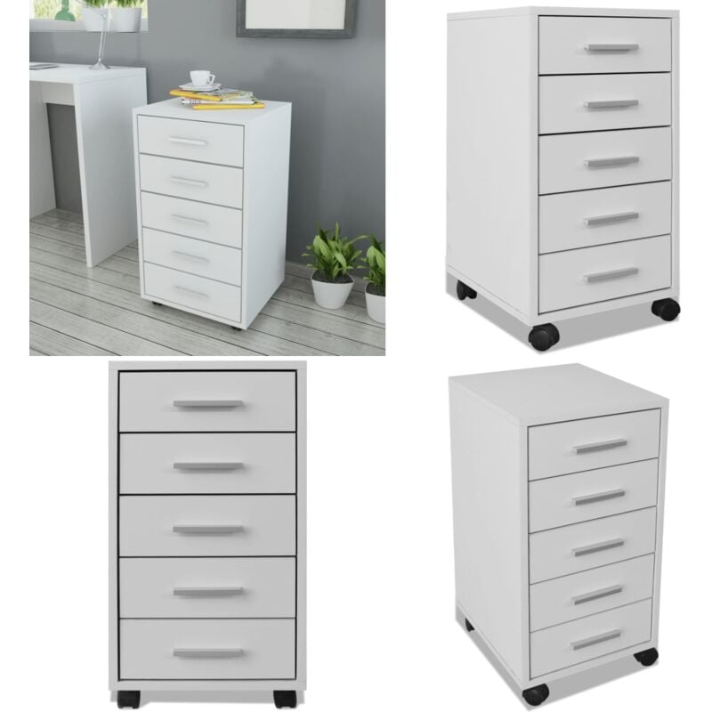 Caisson à tiroir de bureau avec roulettes et 5 tiroirs blanc - Meuble De Bureau - Commode De Bureau - Tiroir De Bureau - Rangement Bureau - Armoire