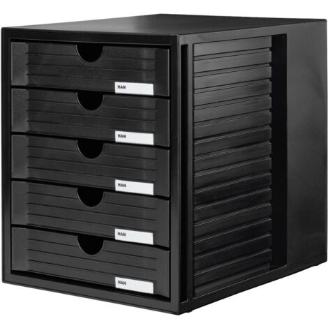 Caisson à tiroirs noir 5 tiroirs DIN A4 – Dimensions 330 x 320 x 320 mm – Matériau polystyrène antistatique – Empilable avec pieds antidérapants – HAN