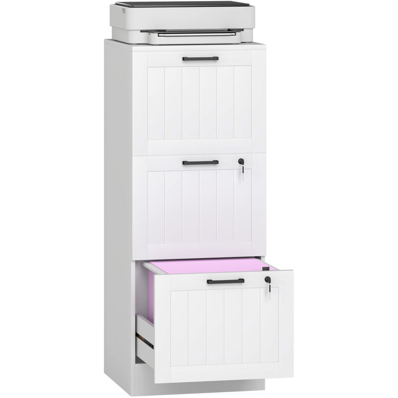 Caisson bureau - HOMCOM - 3 tiroirs et serrures - barres de suspension réglables pour documents - MDF - 40 x 40 x 101 cm - blanc