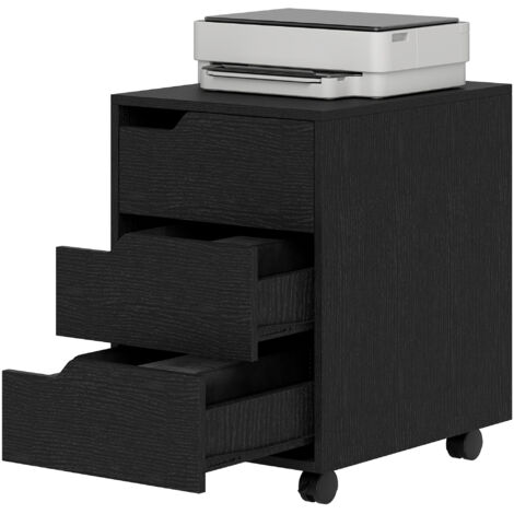 Caisson bureau mobile 3 tiroirs, meuble de rangement sur roulettes, noir, 40x50x57,5cm