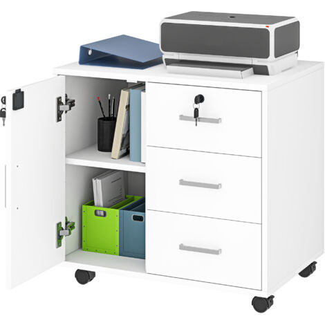 Caisson bureau verrouillable 3 tiroirs étagère réglable, roulettes, blanc, 40x60x56 cm