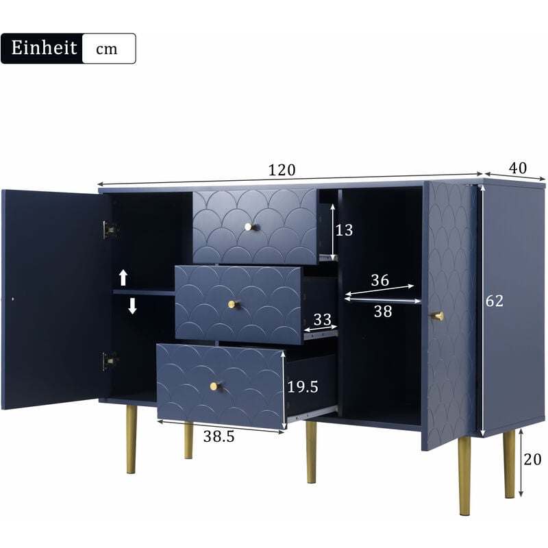 Caisson Commode à 2 portes et 3 tiroirs, certifié fsc®, bleu marine-H82/L120/P40 cm